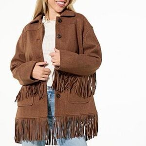 TWRHLL by Christie Brinkley Brown Brushed Faux Melton Jacket with Fringe XLP